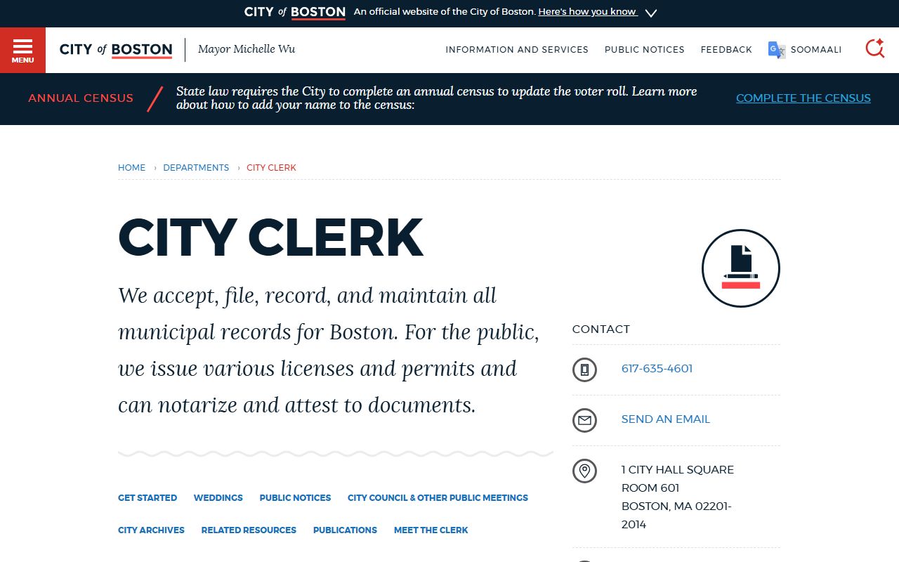 Boston City Clerk website for public records requests