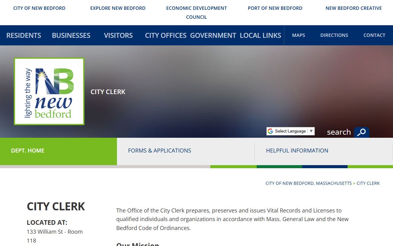 New Bedford City Clerk website showing criminal history and public records access