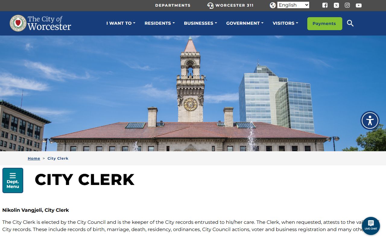 Worcester City Clerk website