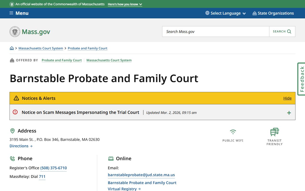 Barnstable Probate and Family Court listing on the Massachusetts court website