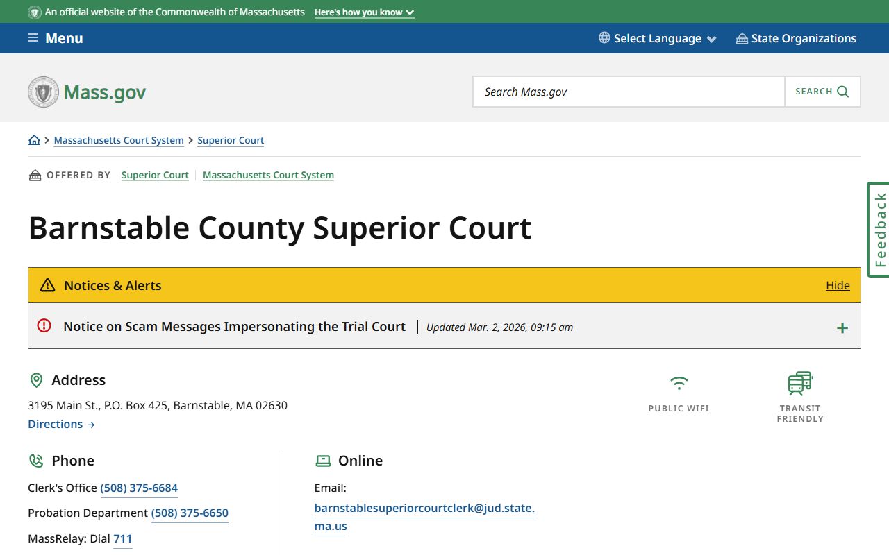 Barnstable County Superior Court listing on the Massachusetts court system website