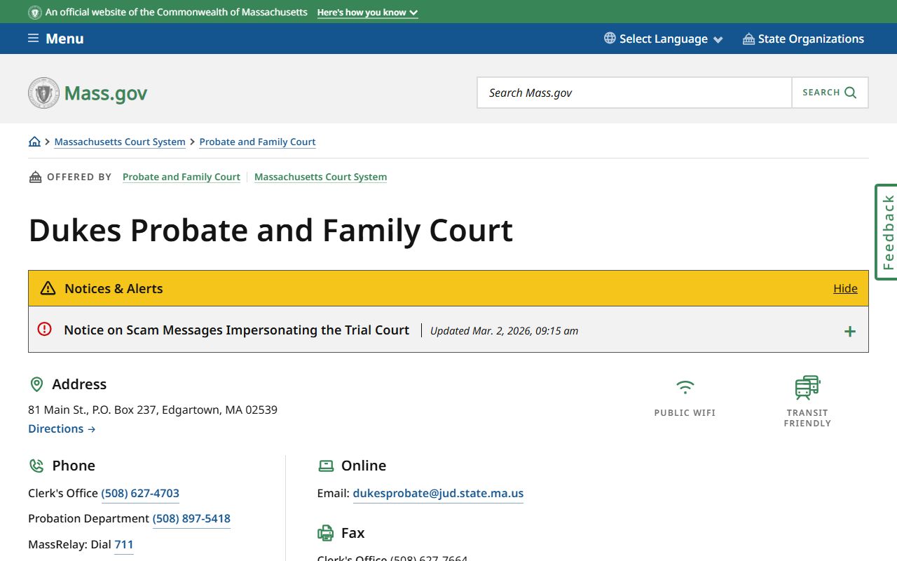 Dukes Probate and Family Court official page on mass.gov