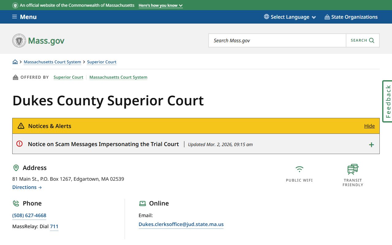 Dukes County Superior Court official page on mass.gov