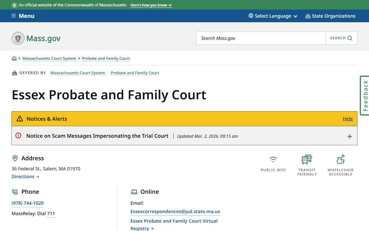 Essex Probate and Family Court official Mass.gov page with court address and contact information
