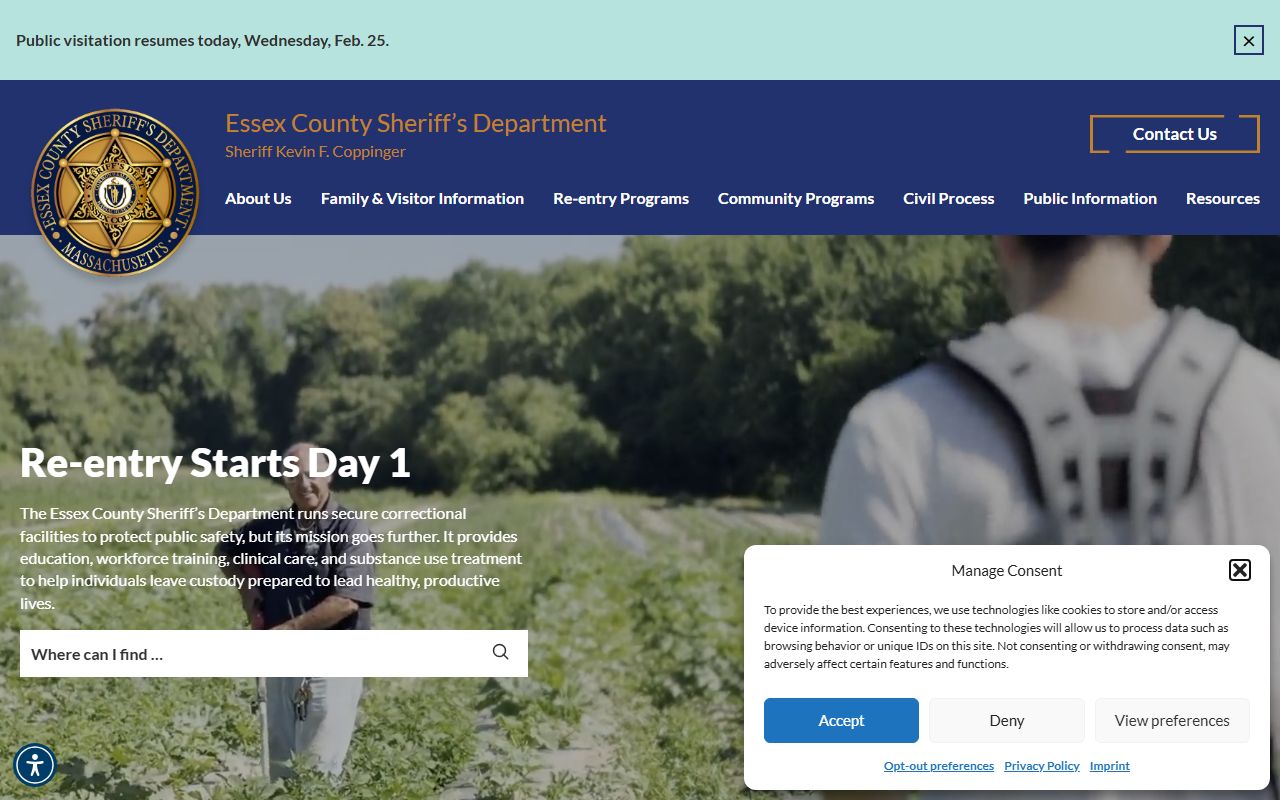 Essex County Sheriff's Office website showing inmate lookup and criminal history services in Essex County