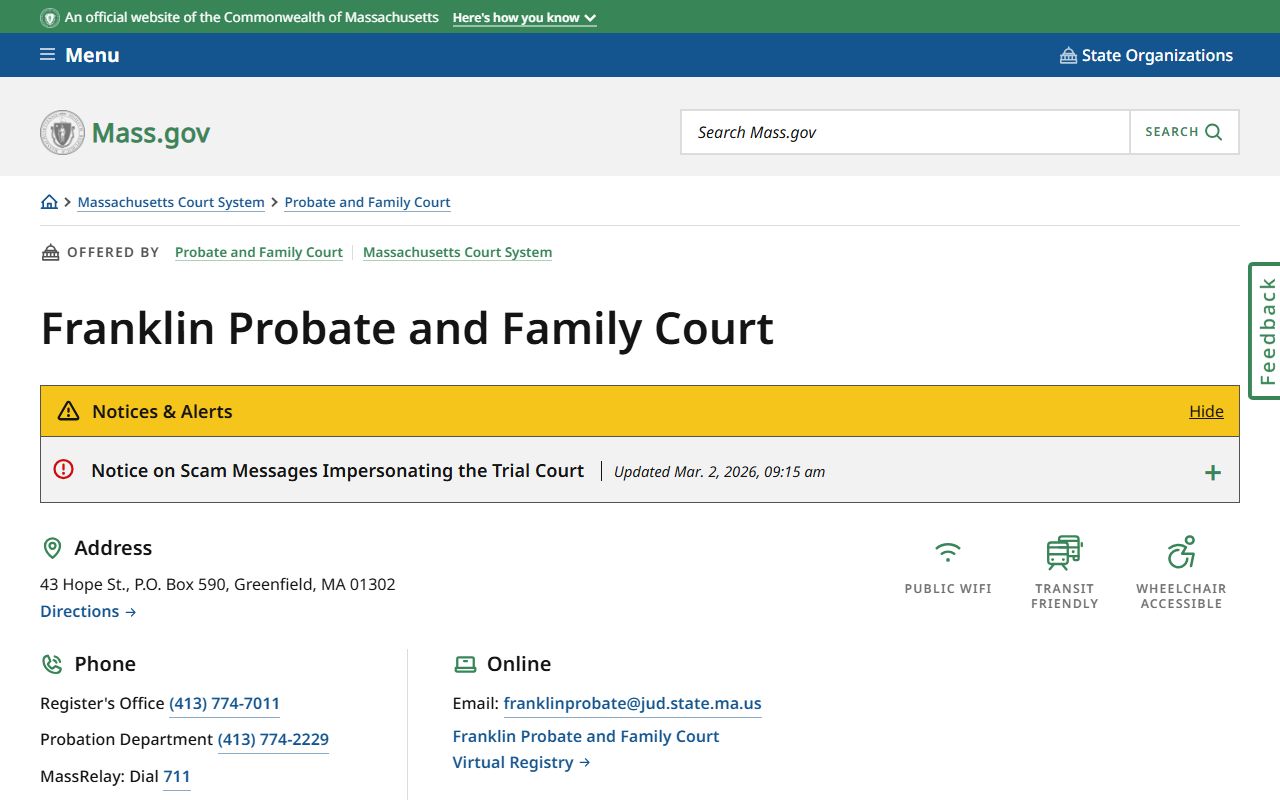Franklin Probate and Family Court official page on mass.gov