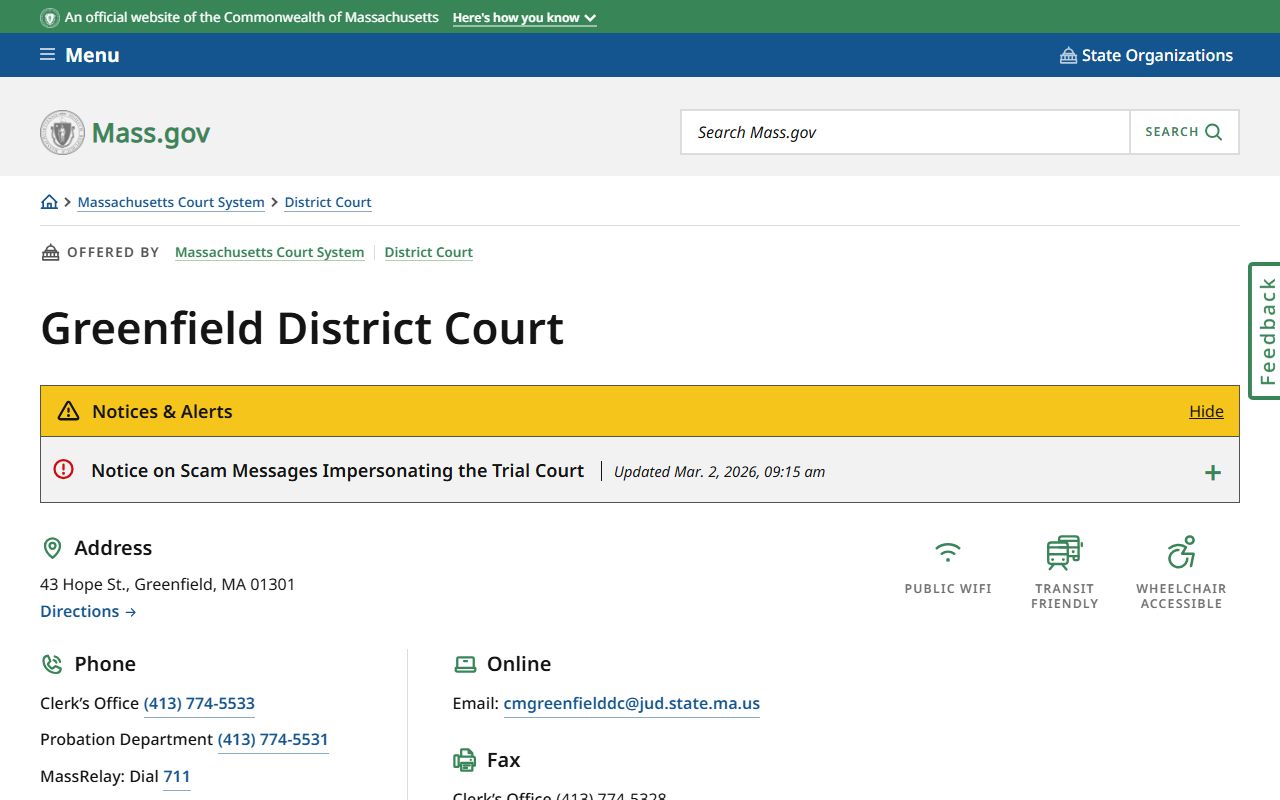 Greenfield District Court official page on mass.gov