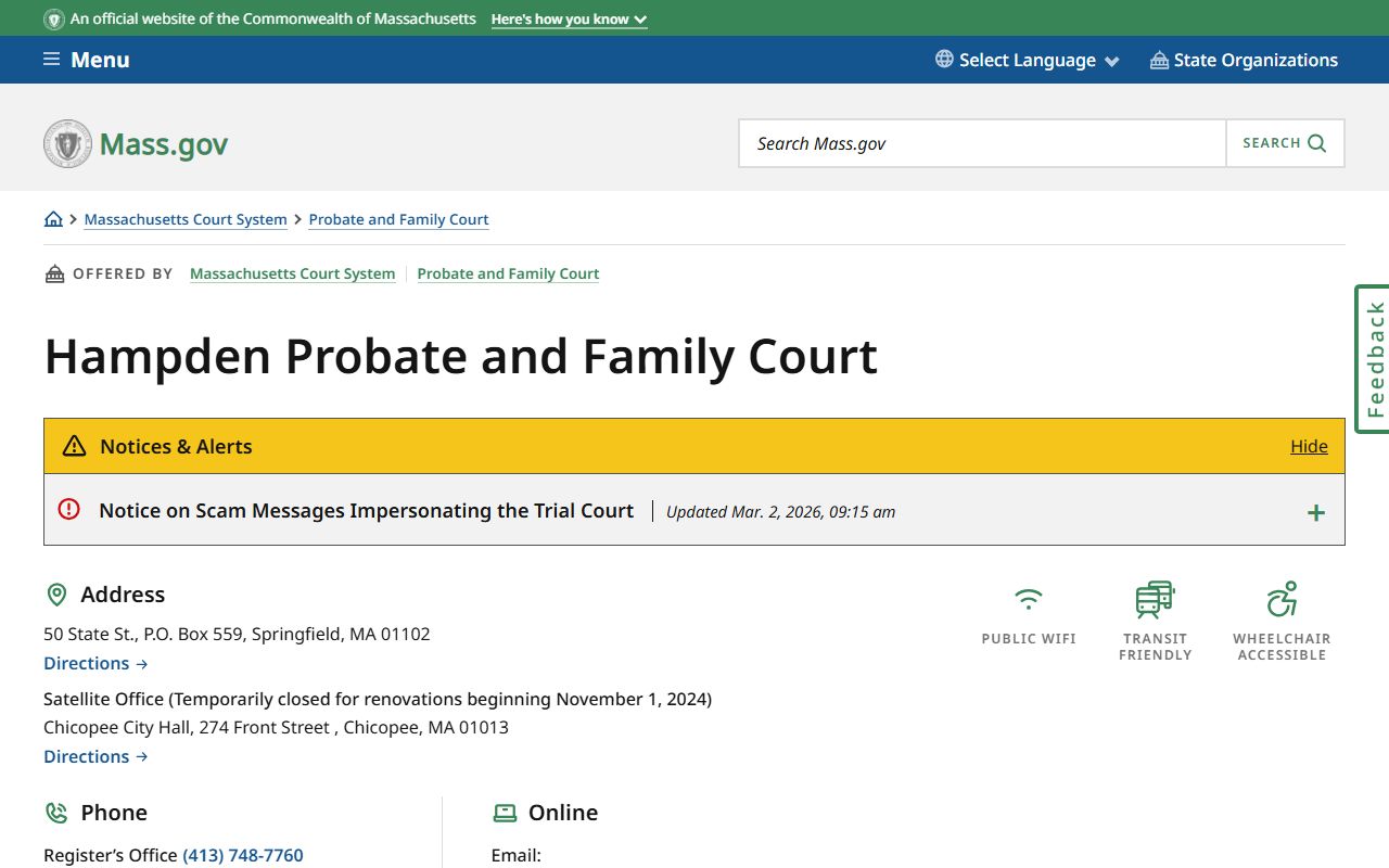 Hampden Probate and Family Court listing on the Massachusetts court website