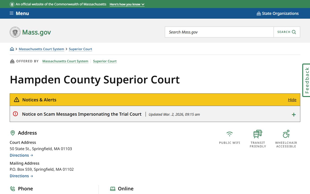 Hampden County Superior Court listing on the Massachusetts court system website