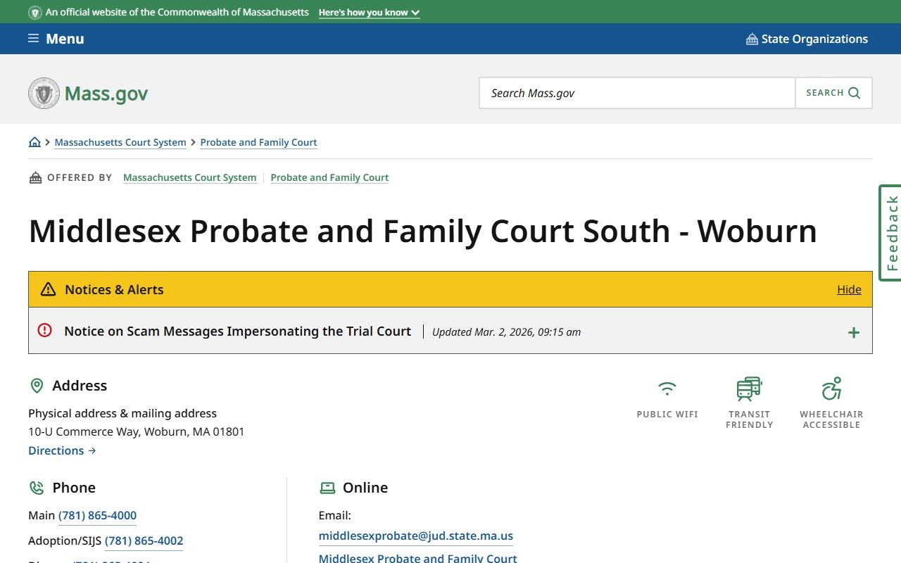 Middlesex Probate and Family Court official page showing court address and contact details