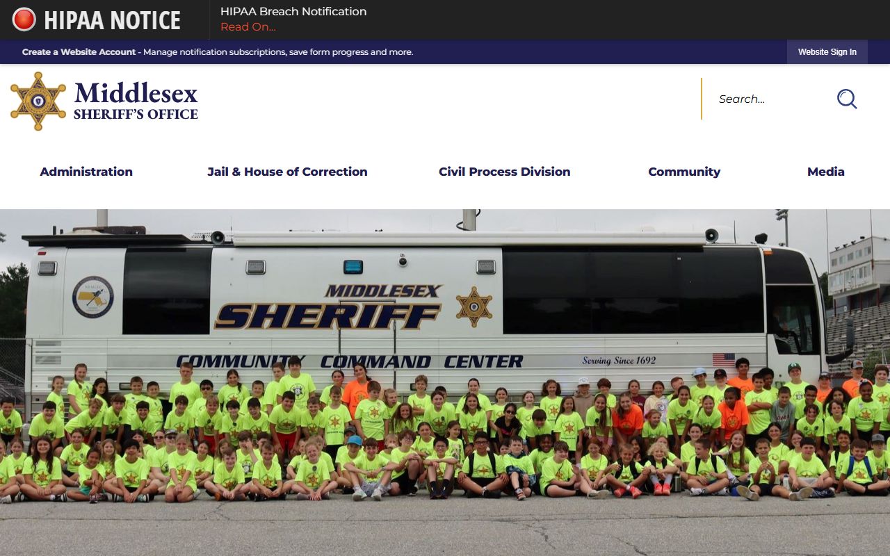 Middlesex County Sheriff's Office website showing inmate records and criminal history services