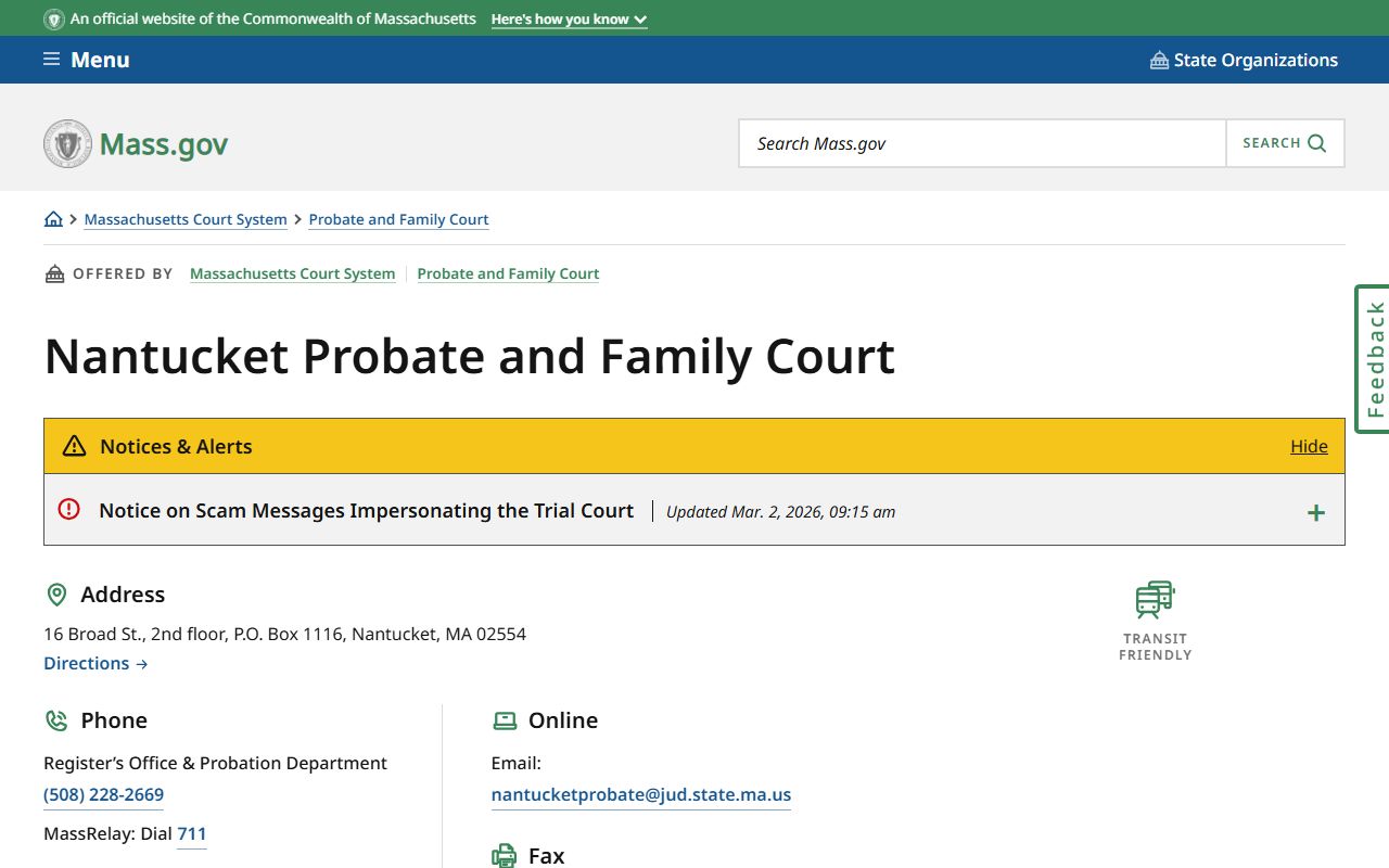 Nantucket Probate and Family Court official page on mass.gov