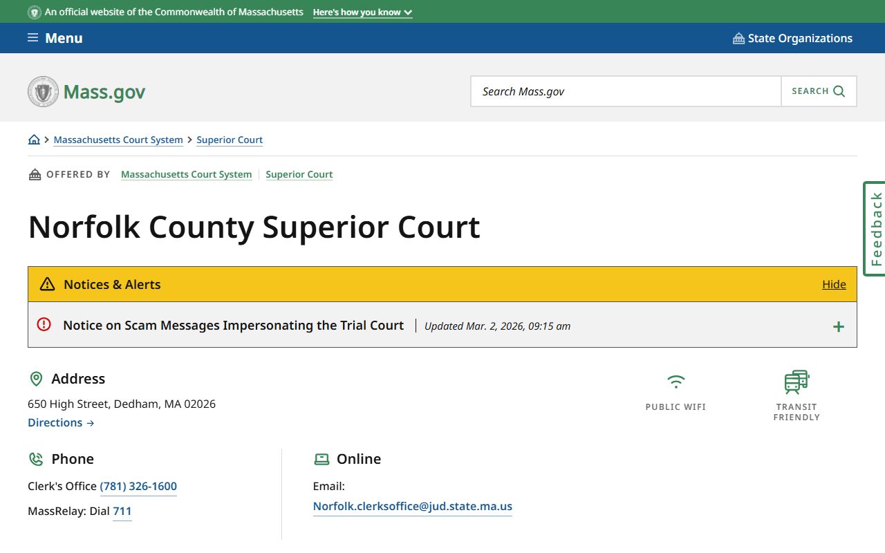 Norfolk County Superior Court location and contact information on Mass.gov