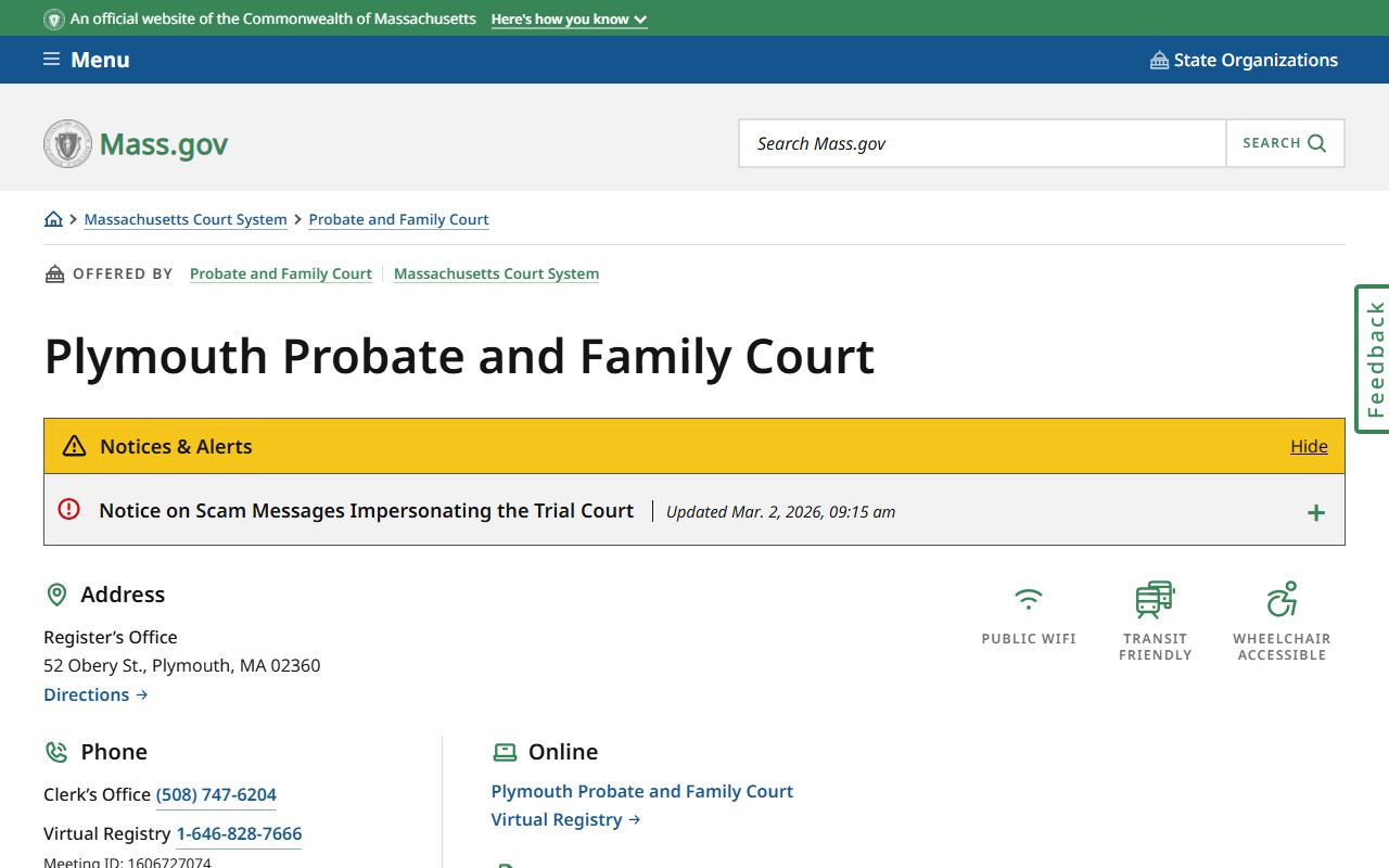 Plymouth Probate and Family Court listing on the Massachusetts court website