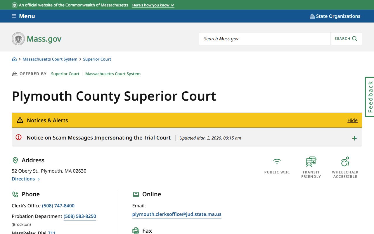 Plymouth County Superior Court listing on the Massachusetts court system website