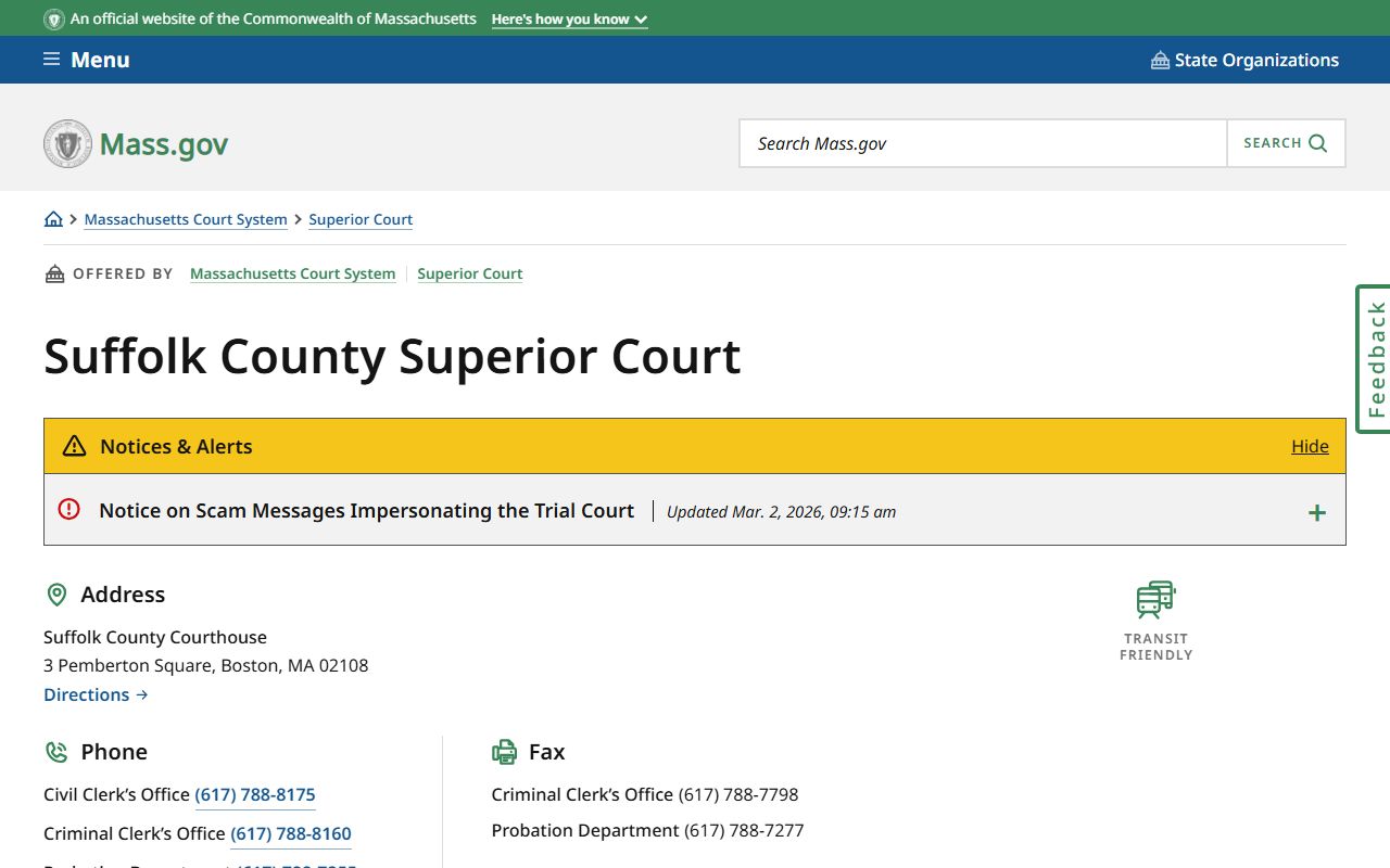 Suffolk County Superior Court location details on Mass.gov