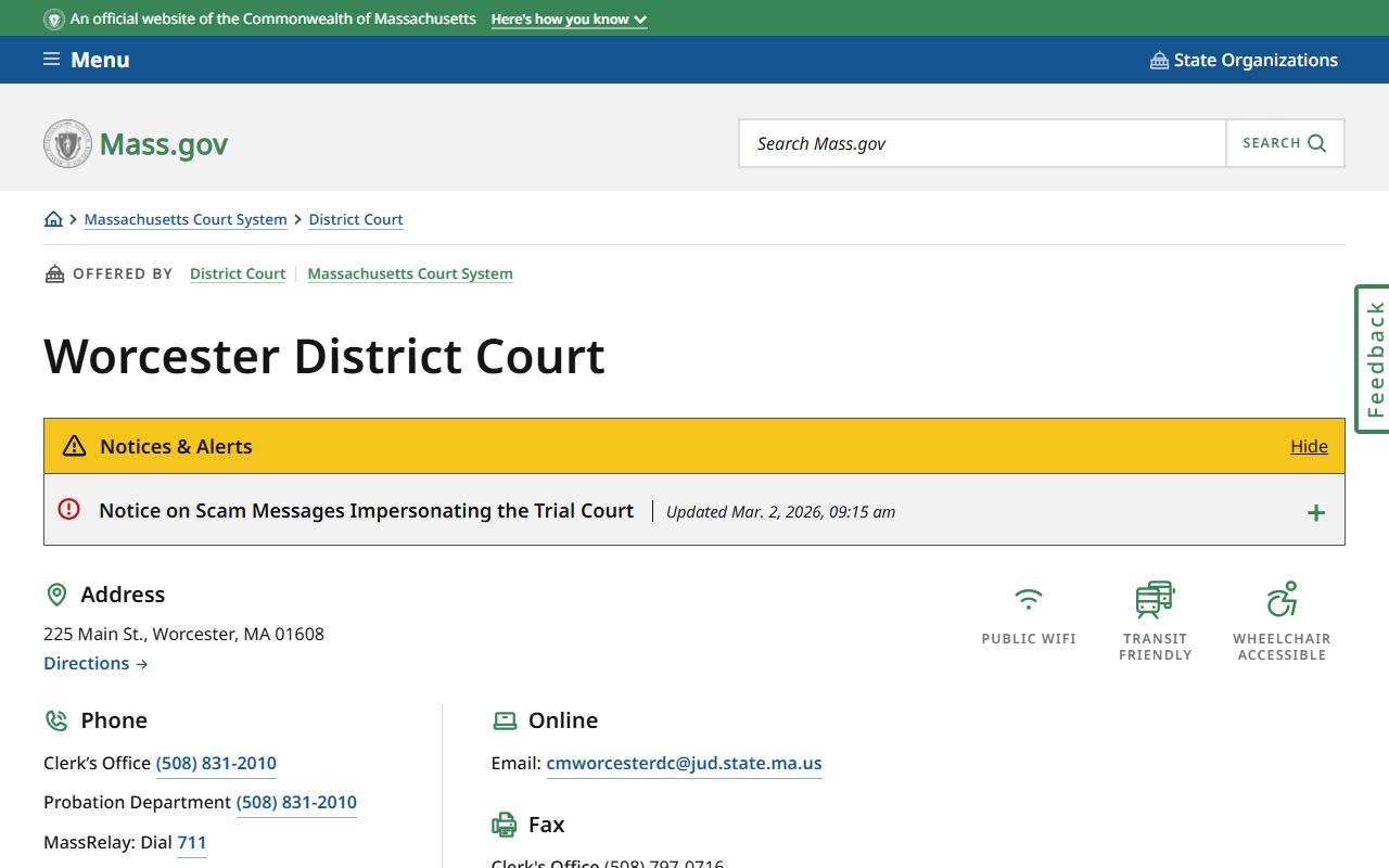 Worcester District Court official page with contact information for criminal history records