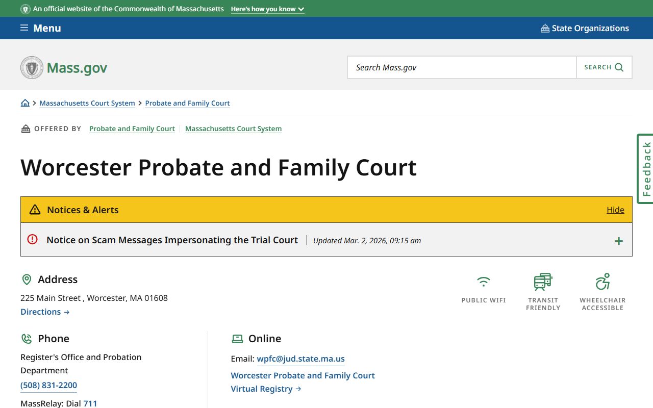 Worcester Probate and Family Court official page showing court location and contact information