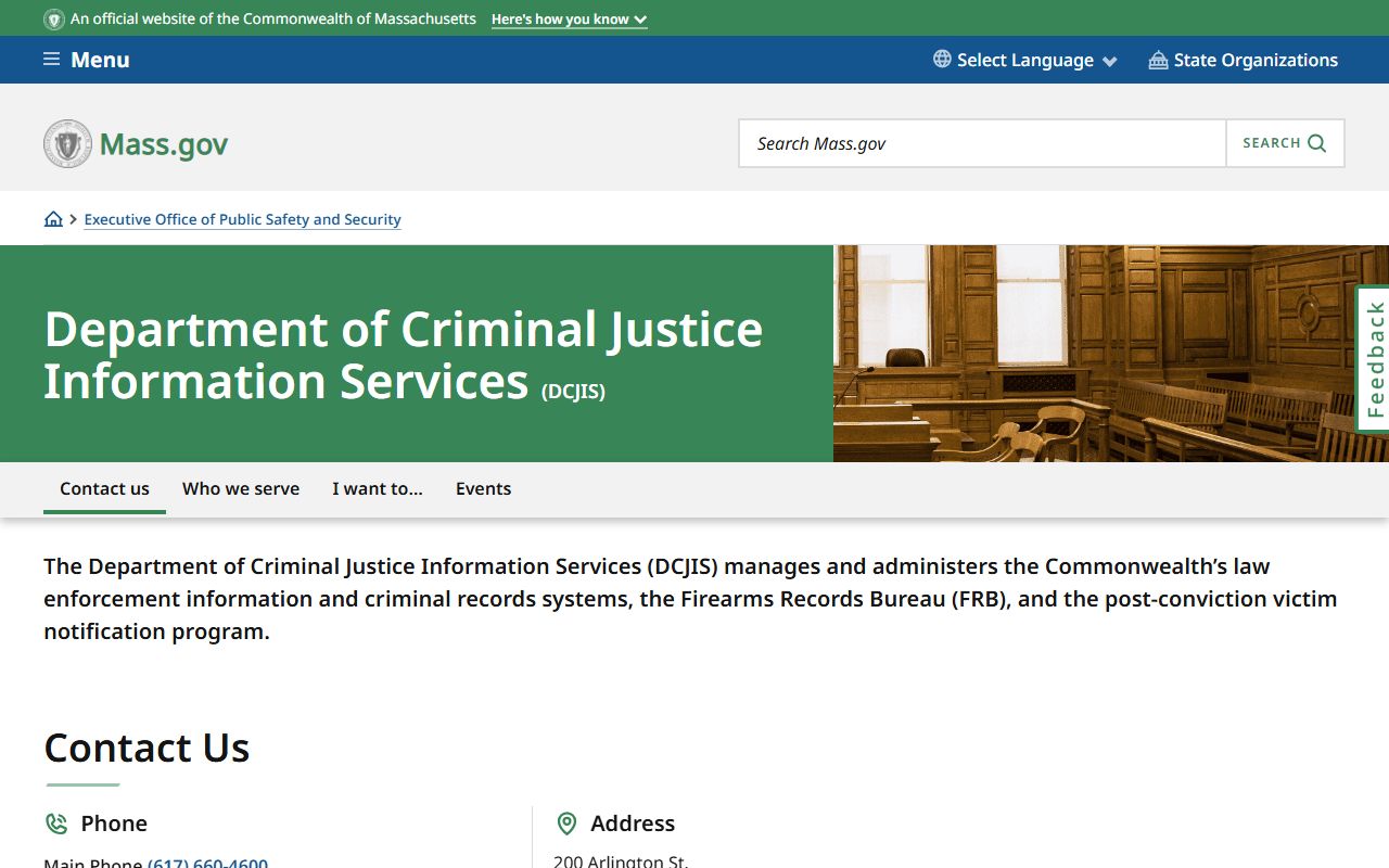 Massachusetts DCJIS homepage for criminal history records