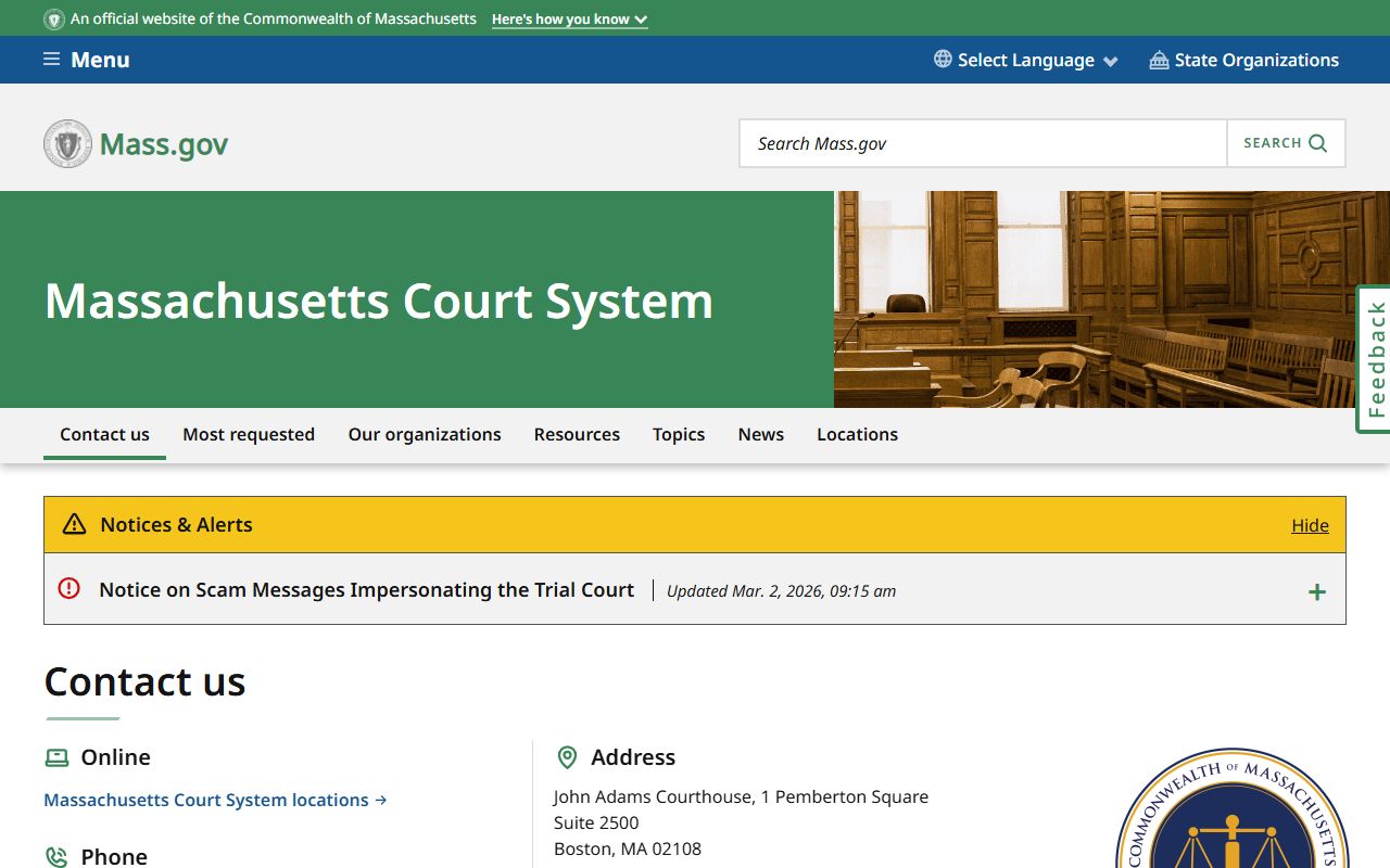 Massachusetts Court System website for criminal history case access